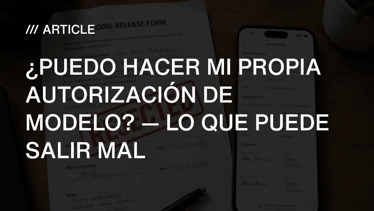 Un formulario de autorización de modelo en papel con un sello rojo de RECHAZADO, un bolígrafo y un teléfono mostrando una plantilla digital lado a lado