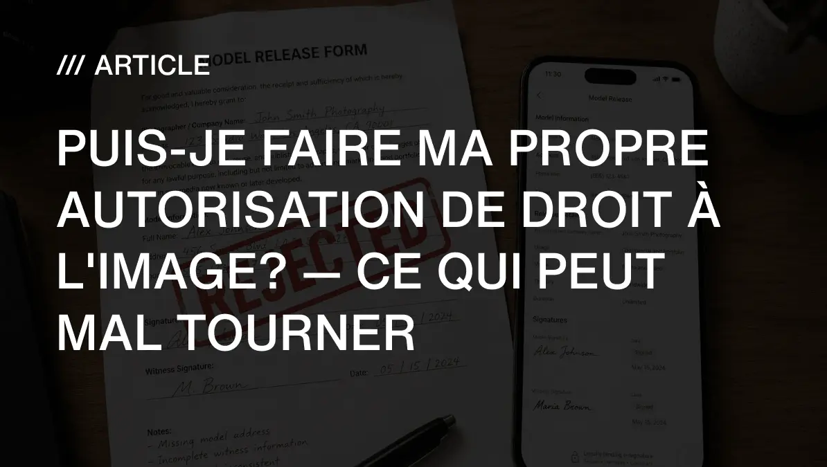 Un formulaire d'autorisation de droit à l'image en papier avec un tampon rouge REJETÉ, un stylo et un téléphone affichant un modèle numérique côte à côte