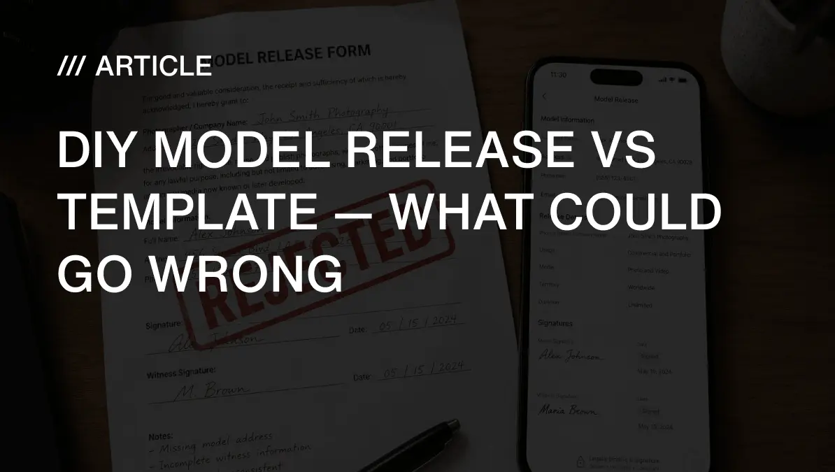 A paper model release form with a red REJECTED stamp across it, a pen, and a smartphone showing a digital release template side by side