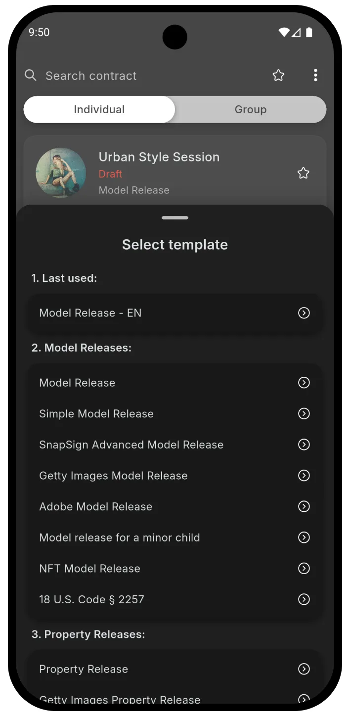 SnapSign template selection screen