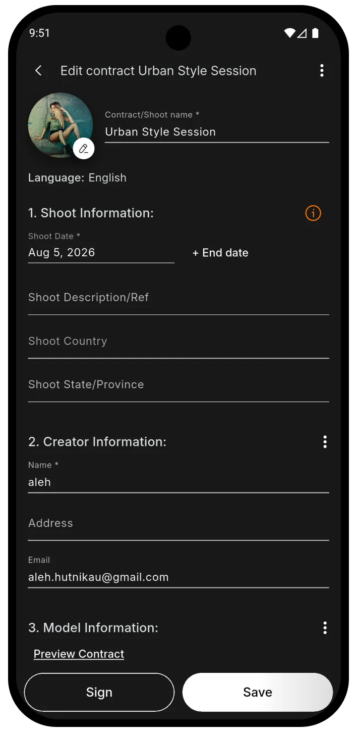 SnapSign shoot details and contract editing screen